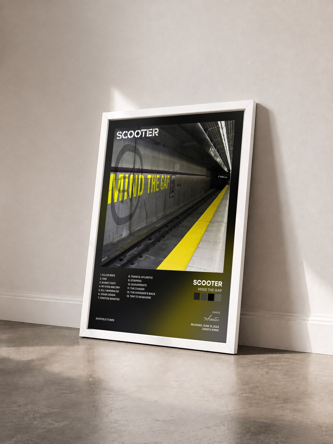 #blanc Tableau de l'album Mind The Gap de Scooter vu de trois quarts, cadre blanc