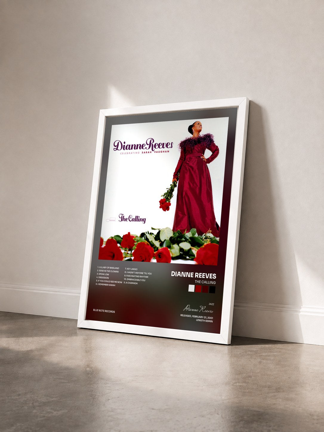 #blanc Tableau de l'album The Calling de Dianne Reeves vu de trois quarts, cadre blanc