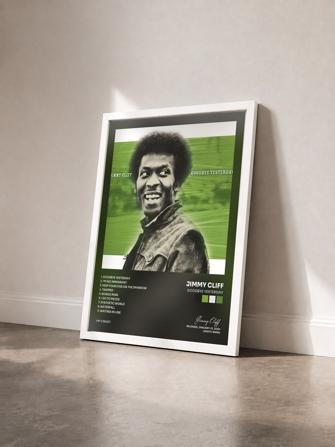 #blanc Tableau de l'album Goodbye Yesterday de Jimmy Cliff vu de trois quarts, cadre blanc