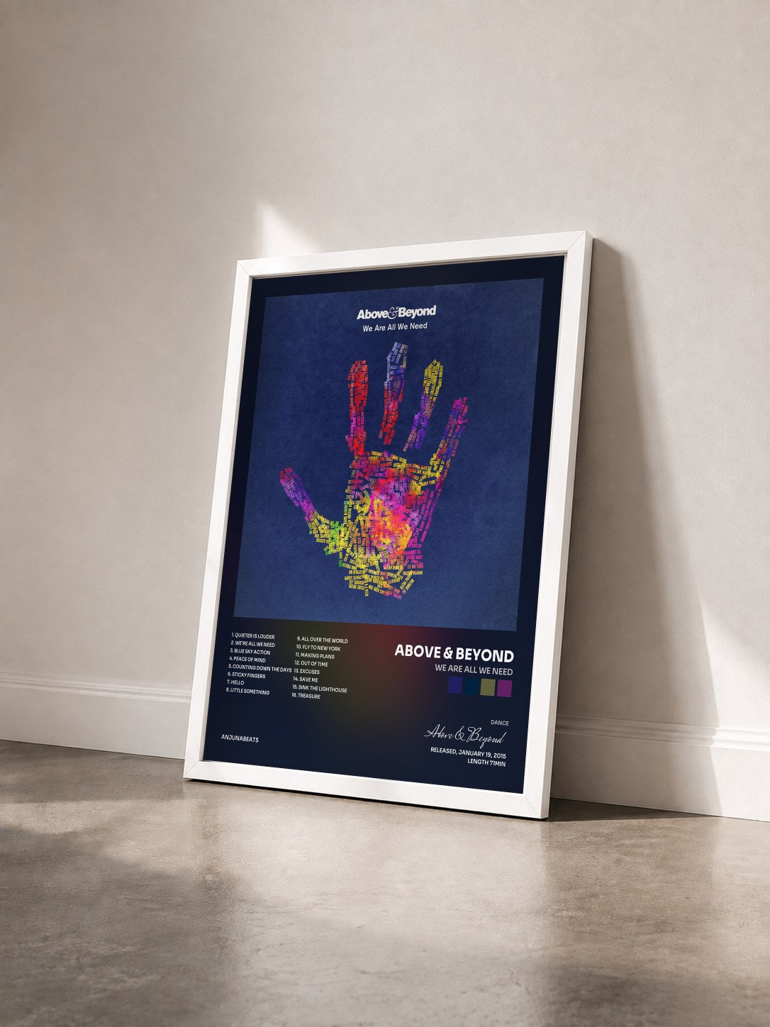 #blanc Tableau de l'album We Are All We Need de Above & Beyond vu de trois quarts, cadre blanc