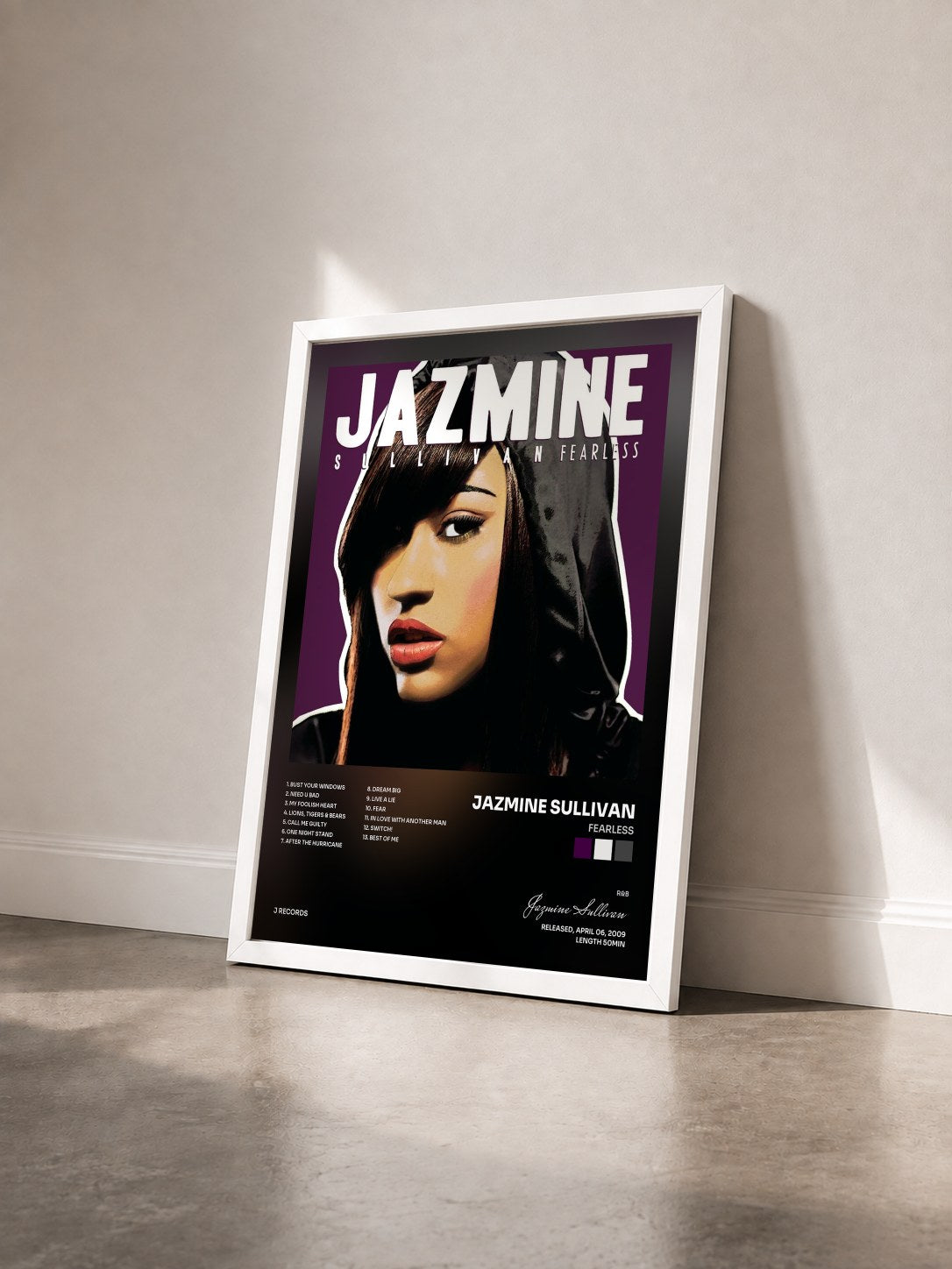 #blanc Tableau de l'album Fearless de Jazmine Sullivan vu de trois quarts, cadre blanc