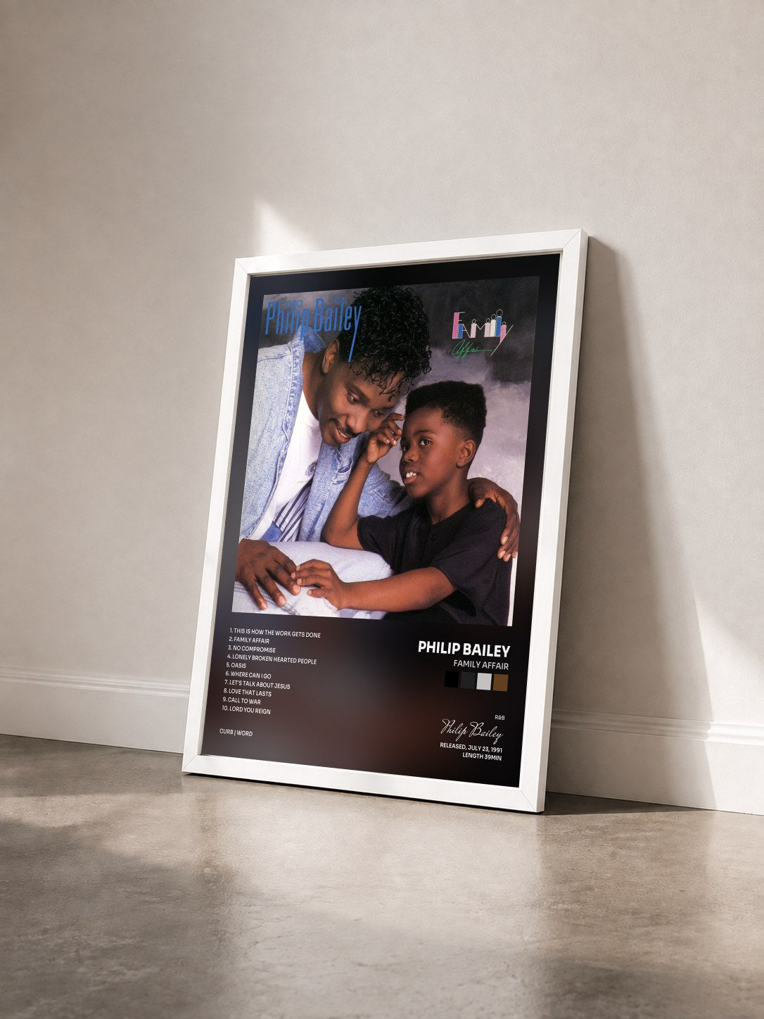 #blanc Tableau de l'album Family Affair de Philip Bailey vu de trois quarts, cadre blanc