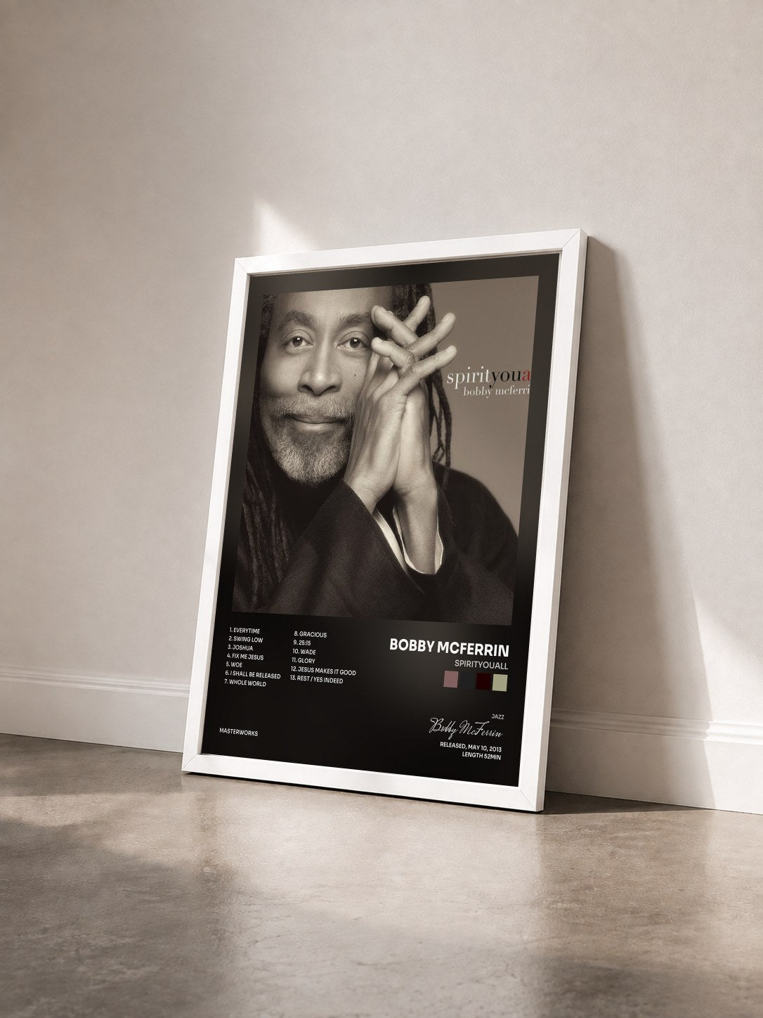 #blanc Tableau de l'album spirityouall de Bobby McFerrin vu de trois quarts, cadre blanc