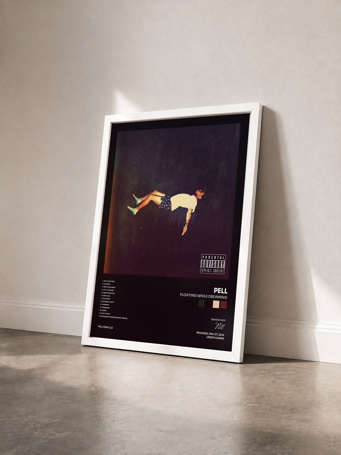 #blanc Tableau de l'album Floating While Dreaming de Pell vu de trois quarts, cadre blanc