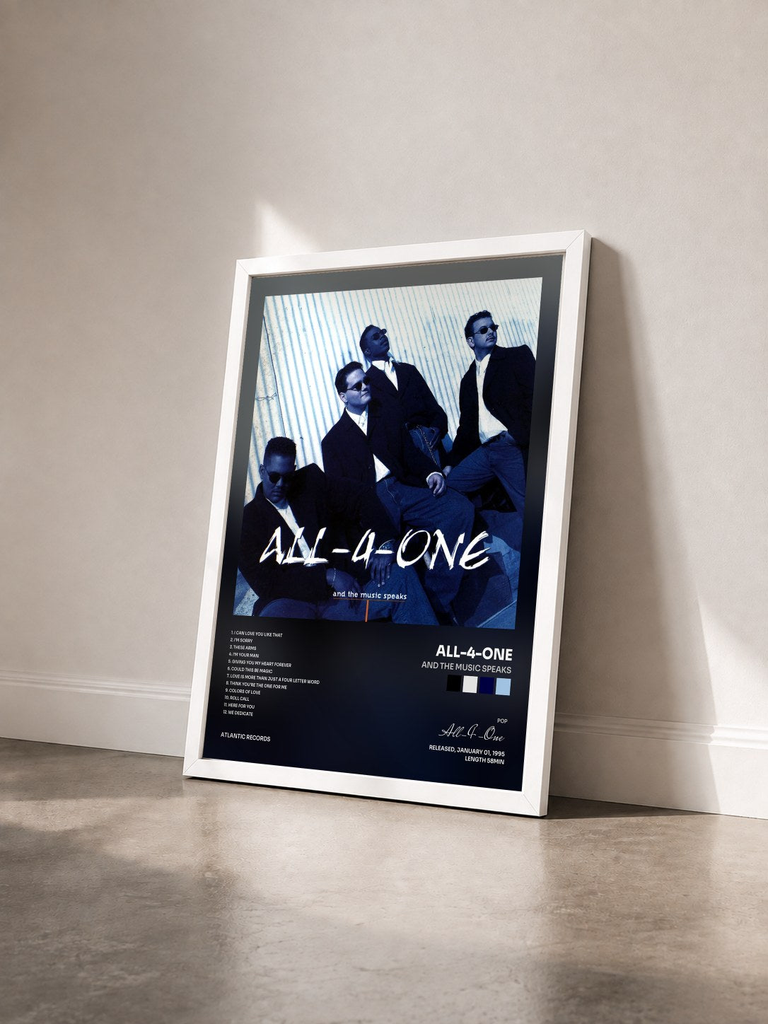 #blanc Tableau de l'album And the Music Speaks de All-4-One vu de trois quarts, cadre blanc