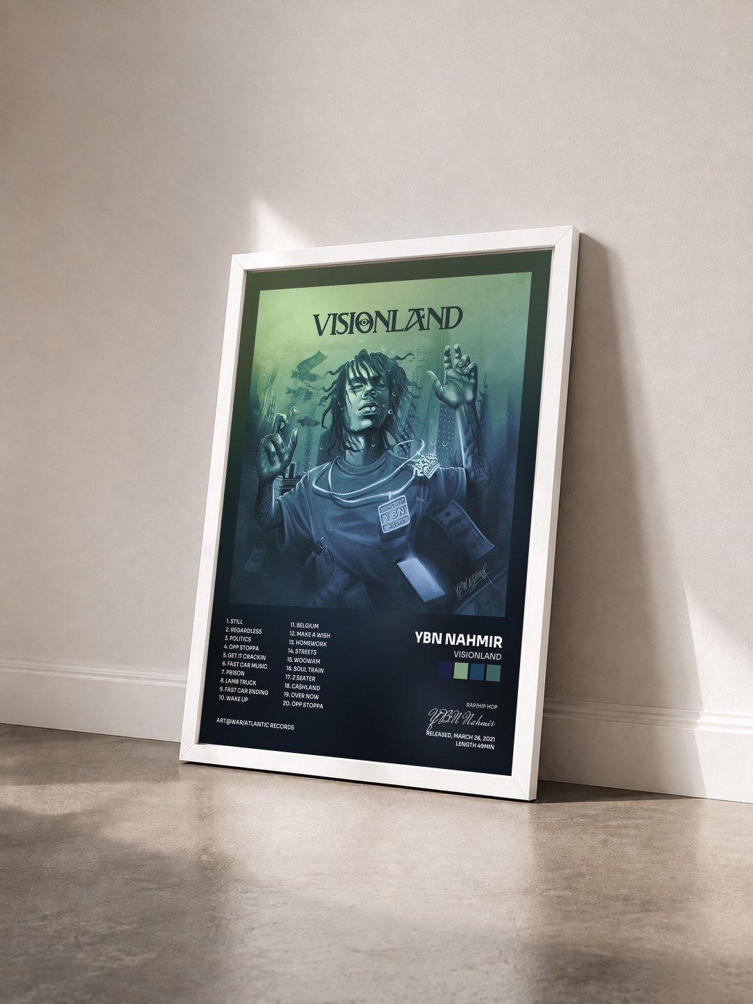 #blanc Tableau de l'album VISIONLAND de YBN Nahmir vu de trois quarts, cadre blanc