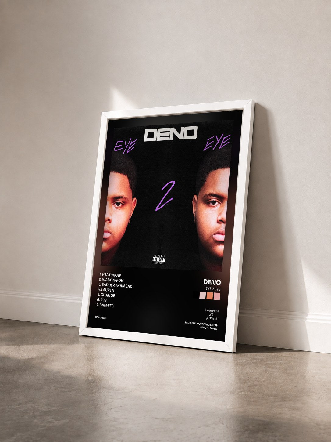 #blanc Tableau de l'album Eye 2 Eye de Deno vu de trois quarts, cadre blanc