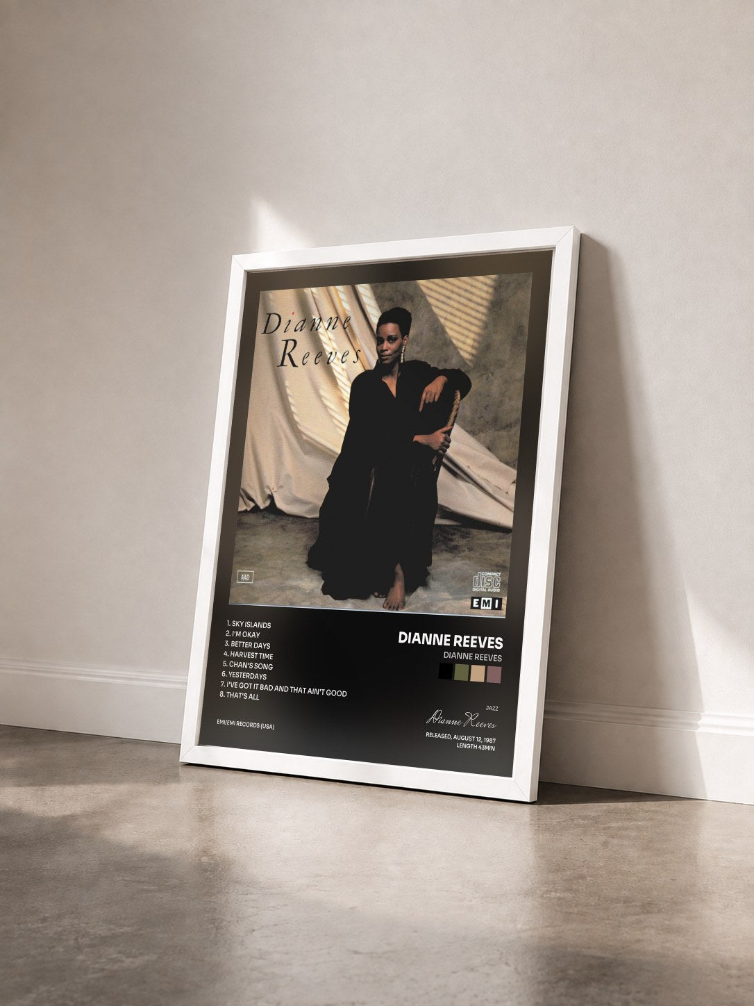 #blanc Tableau de l'album Dianne Reeves de Dianne Reeves vu de trois quarts, cadre blanc