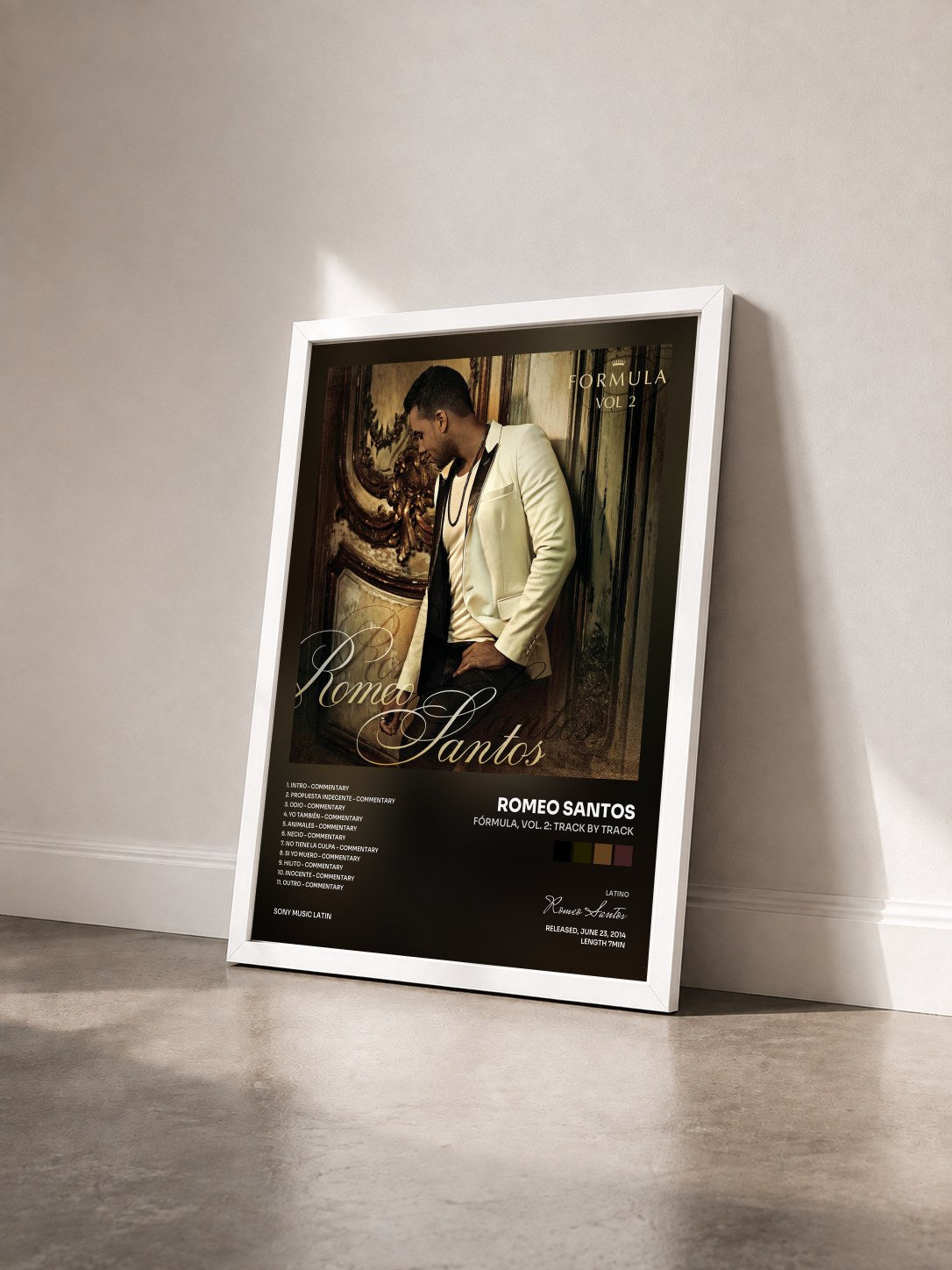#blanc Tableau de l'album Fórmula, Vol. 2: Track by Track de Romeo Santos vu de trois quarts, cadre blanc