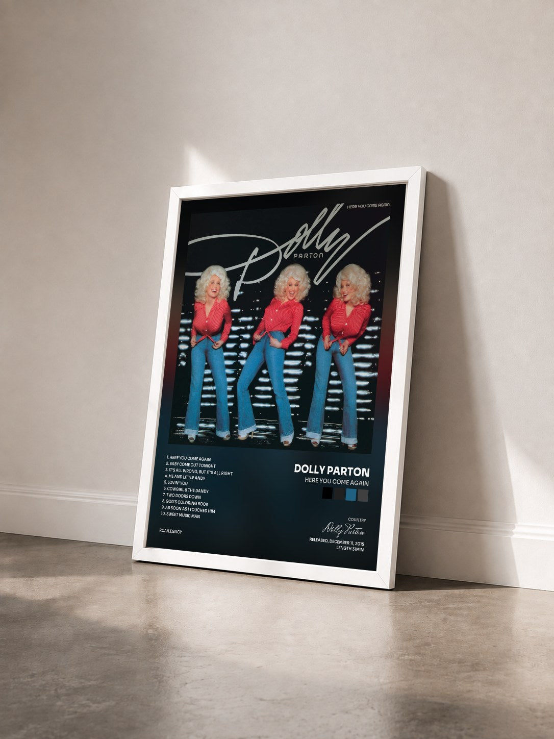 #blanc Tableau de l'album Here You Come Again de Dolly Parton vu de trois quarts, cadre blanc