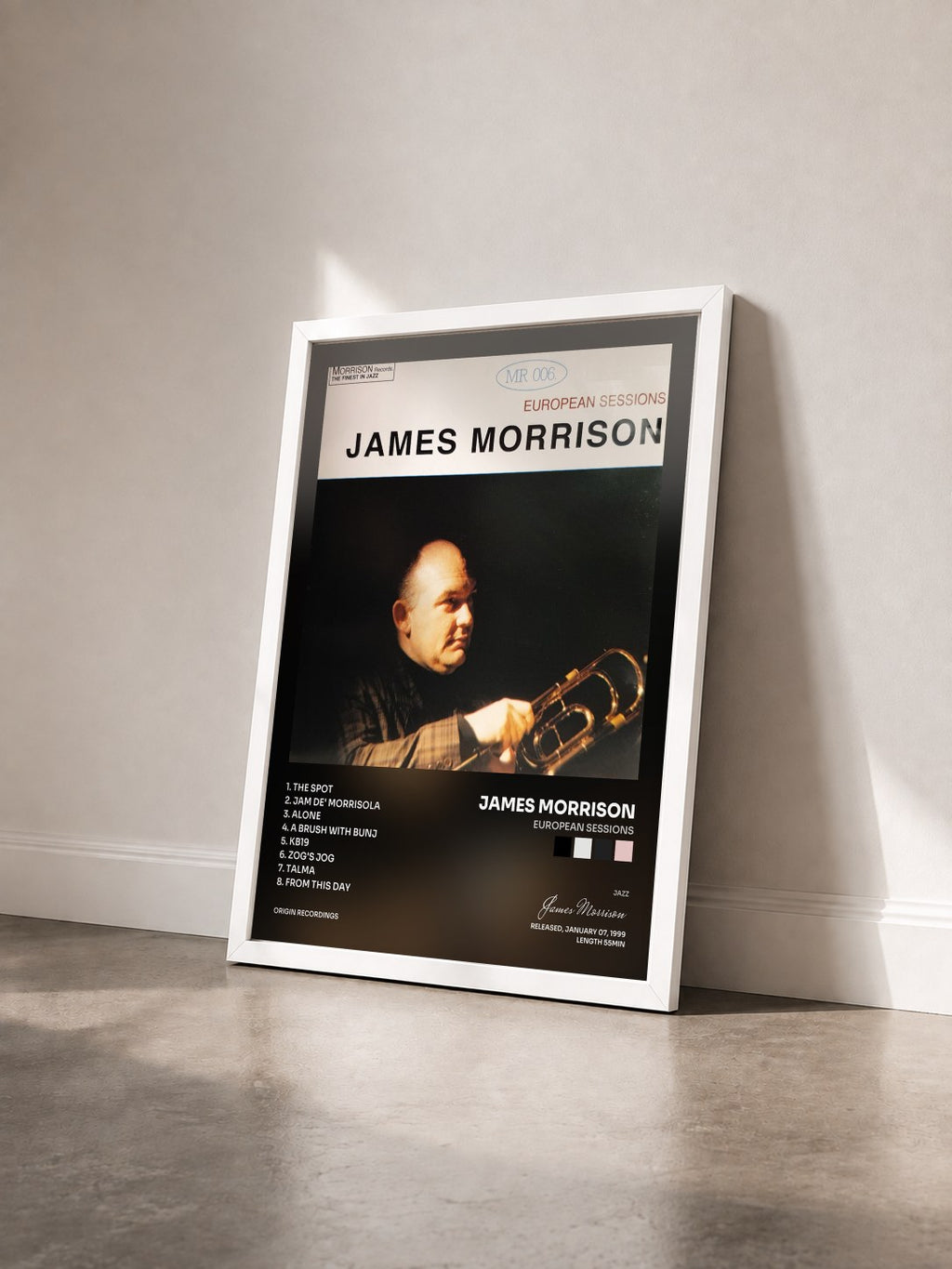 #blanc European Sessions von James Morrison als gerahmter Kunstdruck von schräg gesehen, weißer Rahmen