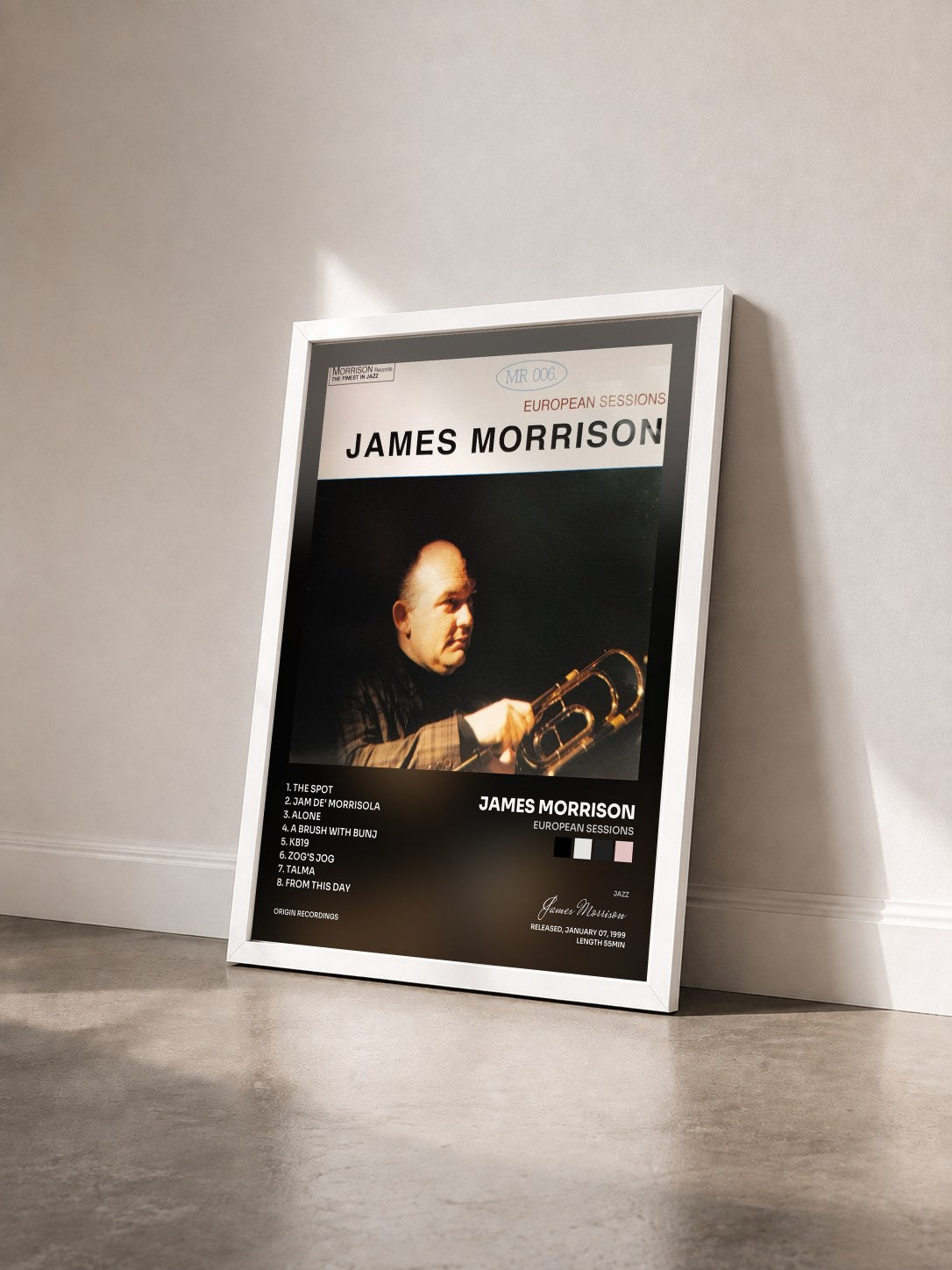 #blanc Tableau de l'album European Sessions de James Morrison vu de trois quarts, cadre blanc