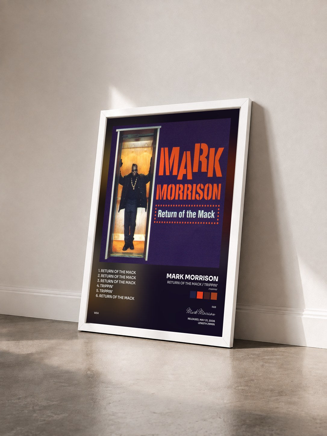 #blanc Tableau de l'album Return of the Mack / Trippin' (/Trippin') de Mark Morrison vu de trois quarts, cadre blanc
