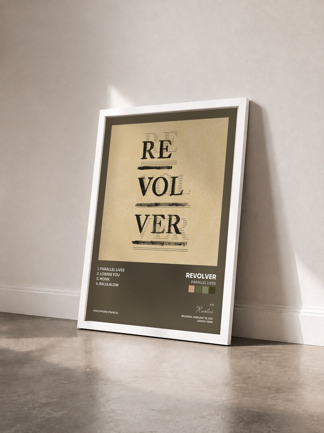 #blanc Tableau de l'album Parallel Lives de Revolver vu de trois quarts, cadre blanc