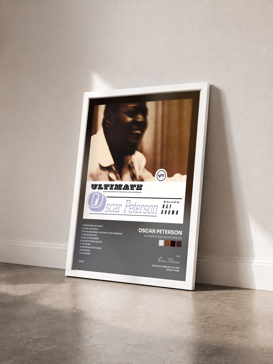 #blanc Tableau de l'album Ultimate Oscar Peterson de Oscar Peterson vu de trois quarts, cadre blanc