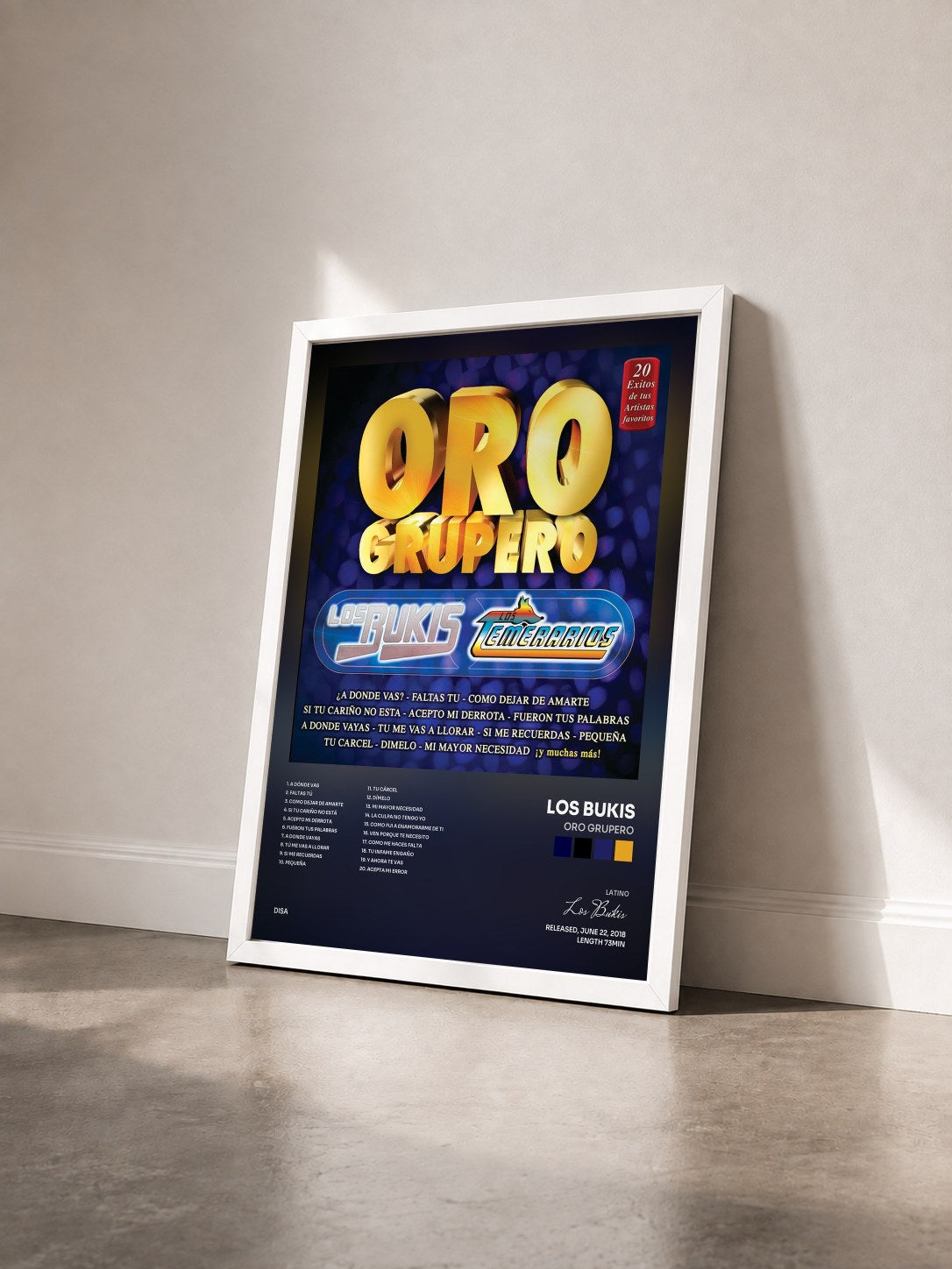 #blanc Tableau de l'album Oro Grupero de Los Bukis vu de trois quarts, cadre blanc
