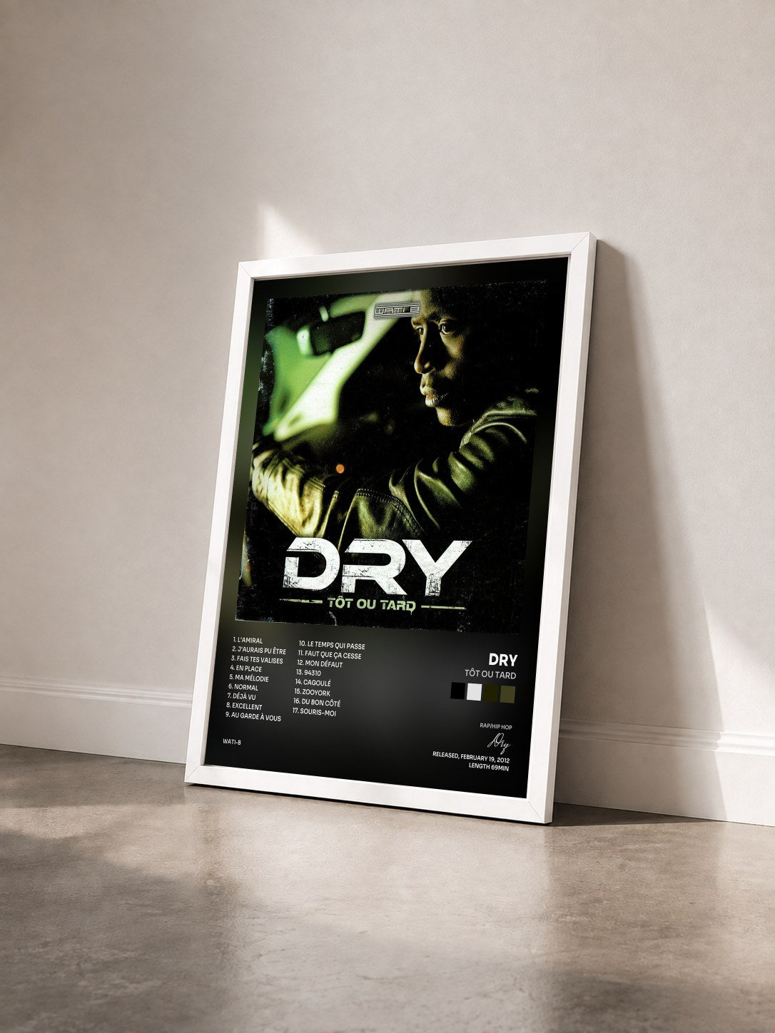 #blanc Tableau de l'album Tôt ou tard de Dry vu de trois quarts, cadre blanc