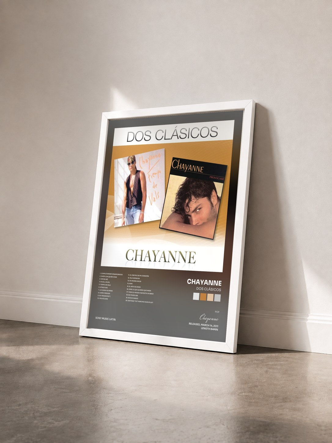 #blanc Tableau de l'album Dos Clásicos de Chayanne vu de trois quarts, cadre blanc