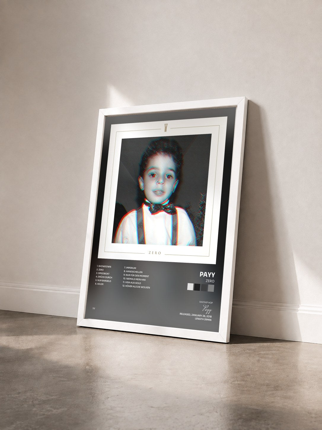 #blanc Tableau de l'album Zero de Payy vu de trois quarts, cadre blanc
