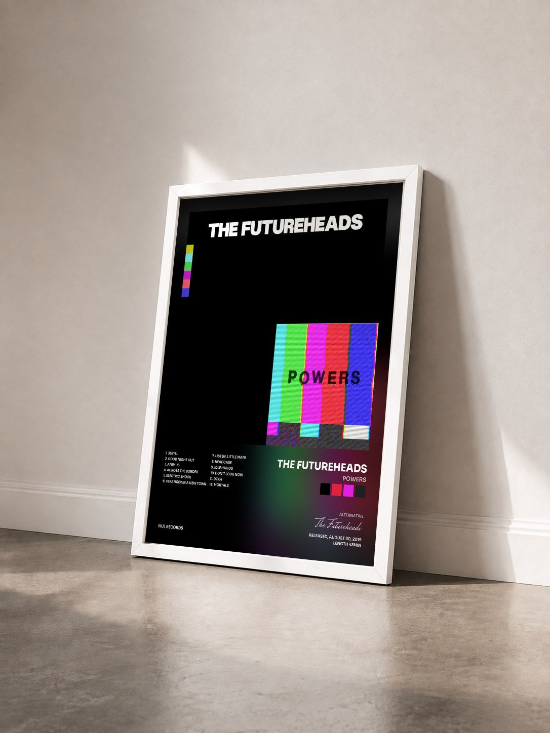 #blanc Tableau de l'album Powers de The Futureheads vu de trois quarts, cadre blanc