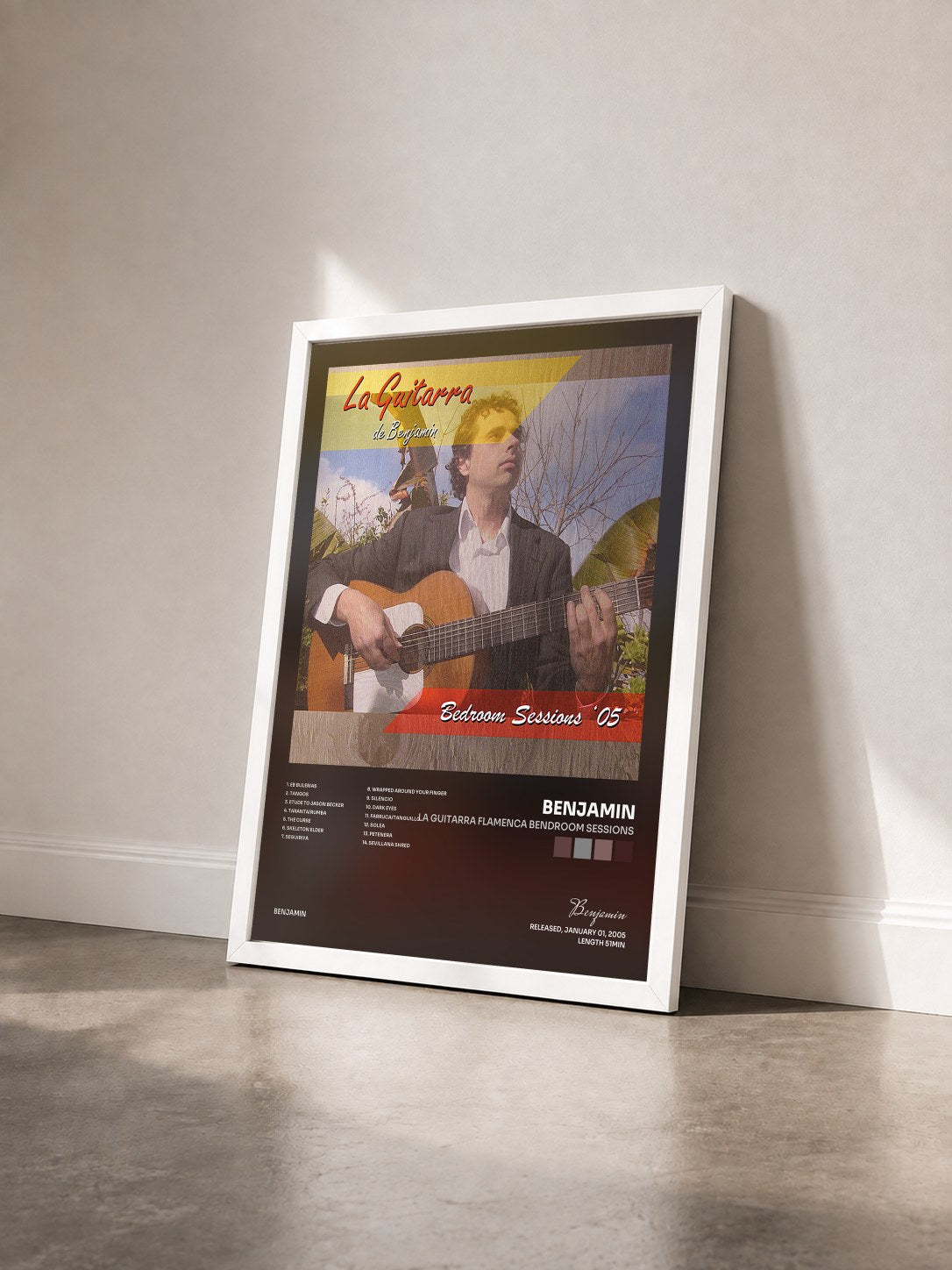 #blanc Tableau de l'album La Guitarra Flamenca Bendroom Sessions de Benjamin vu de trois quarts, cadre blanc