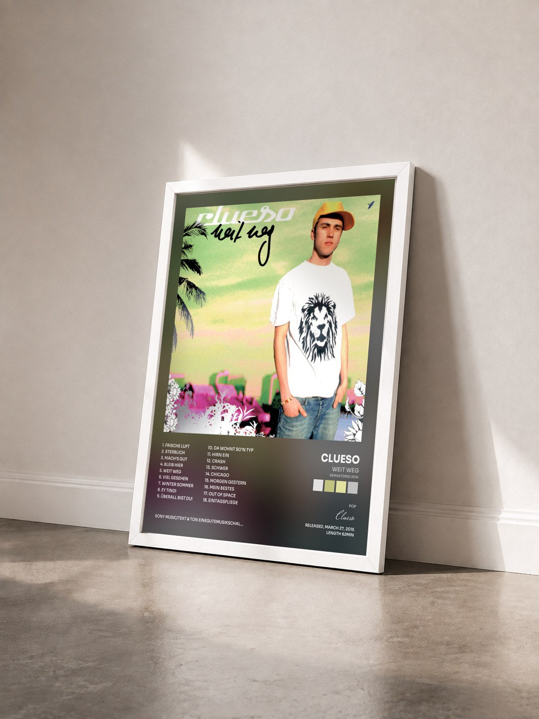 #blanc Tableau de l'album Weit weg (Remastered 2014) de Clueso vu de trois quarts, cadre blanc