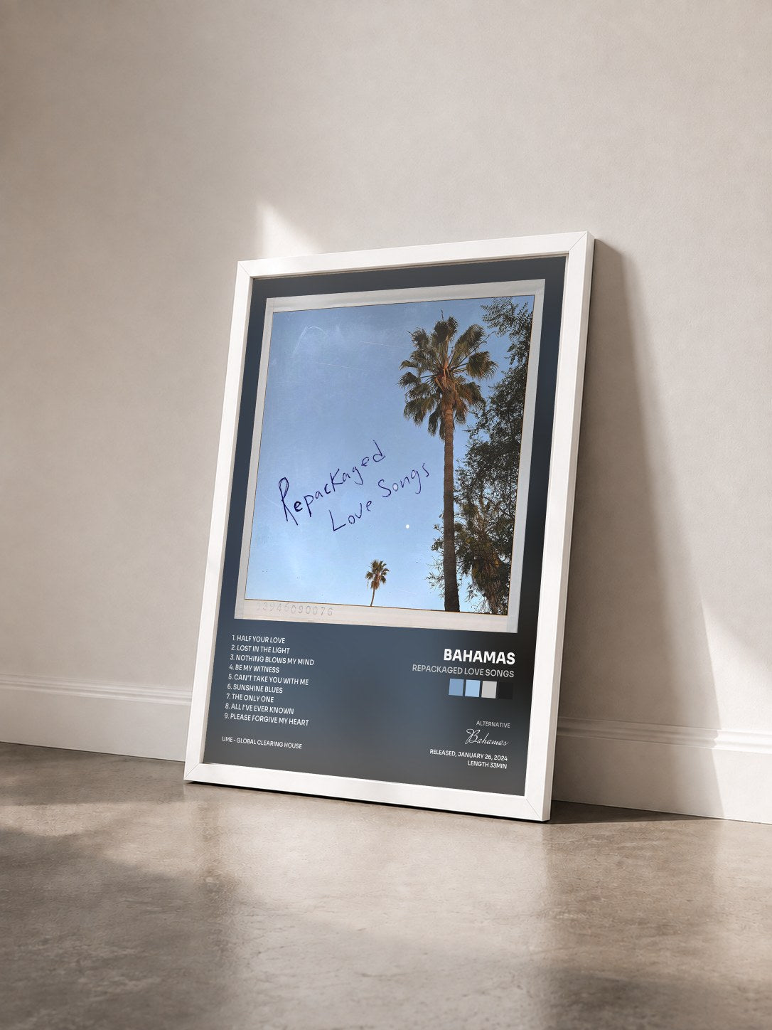 #blanc Tableau de l'album Repackaged Love Songs de Bahamas vu de trois quarts, cadre blanc
