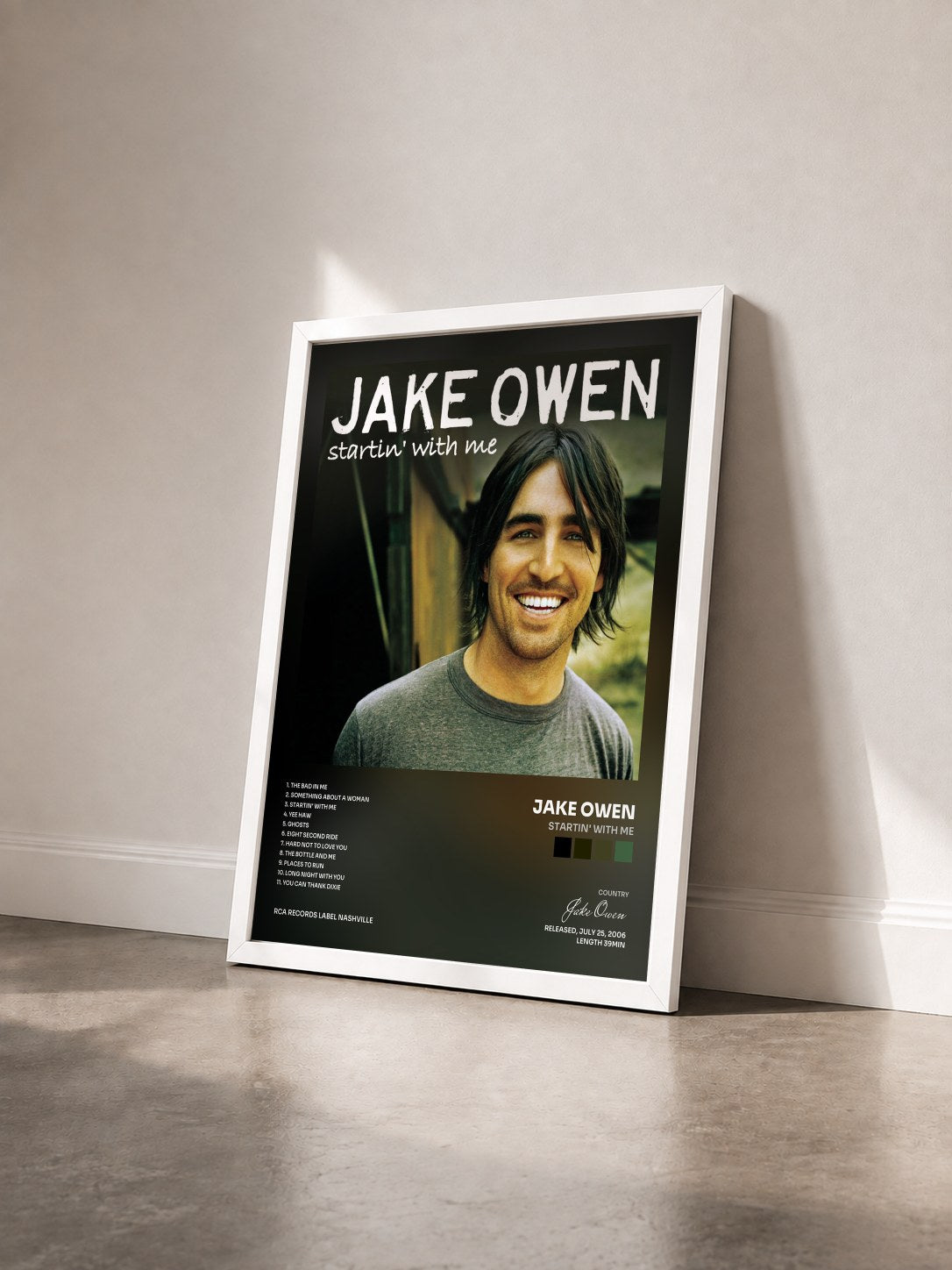 #blanc Tableau de l'album Startin' With Me de Jake Owen vu de trois quarts, cadre blanc
