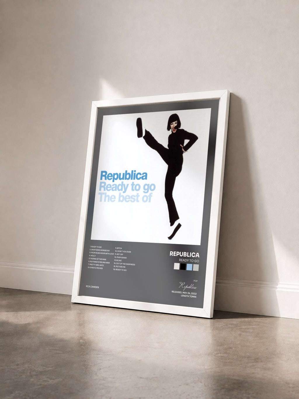 #blanc Tableau de l'album Ready To Go de Republica vu de trois quarts, cadre blanc