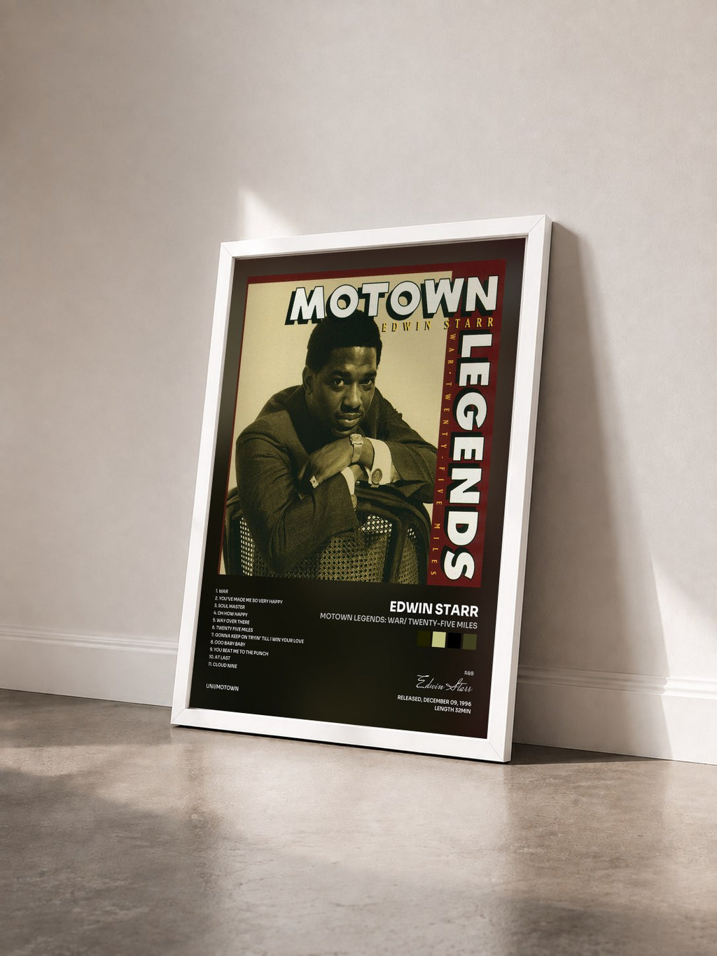#blanc Tableau de l'album Motown Legends: War/ Twenty-five Miles de Edwin Starr vu de trois quarts, cadre blanc