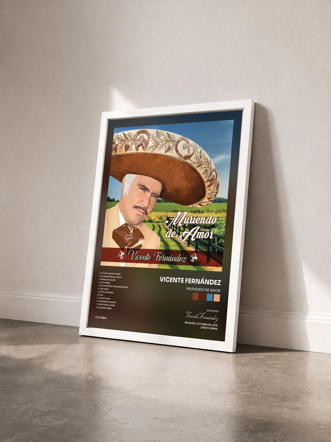 #blanc Tableau de l'album Muriendo de Amor de Vicente Fernández vu de trois quarts, cadre blanc