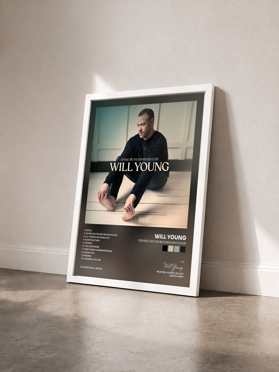 #blanc Tableau de l'album Crying on the Bathroom Floor de Will Young vu de trois quarts, cadre blanc