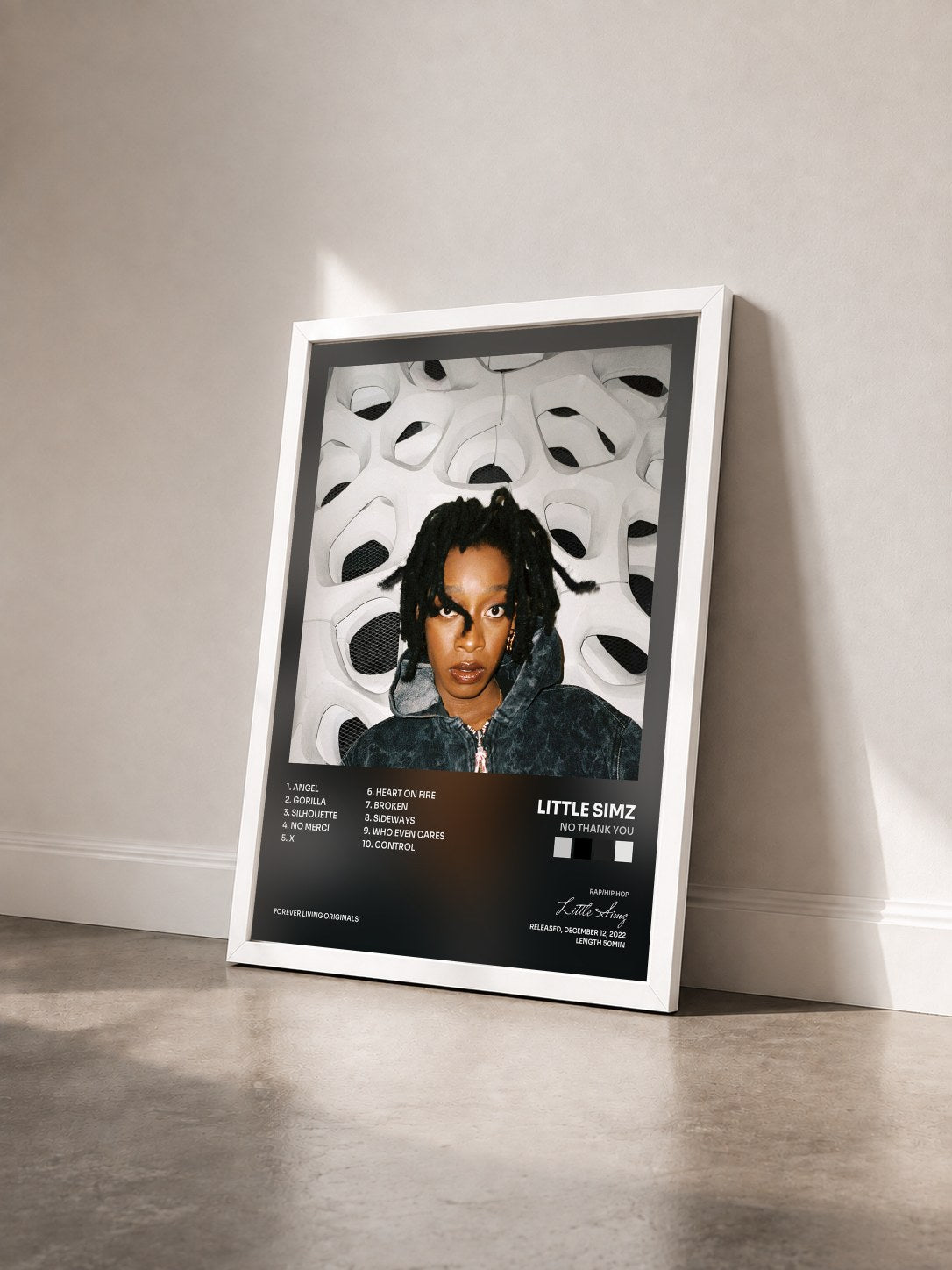 #blanc Tableau de l'album NO THANK YOU de Little Simz vu de trois quarts, cadre blanc