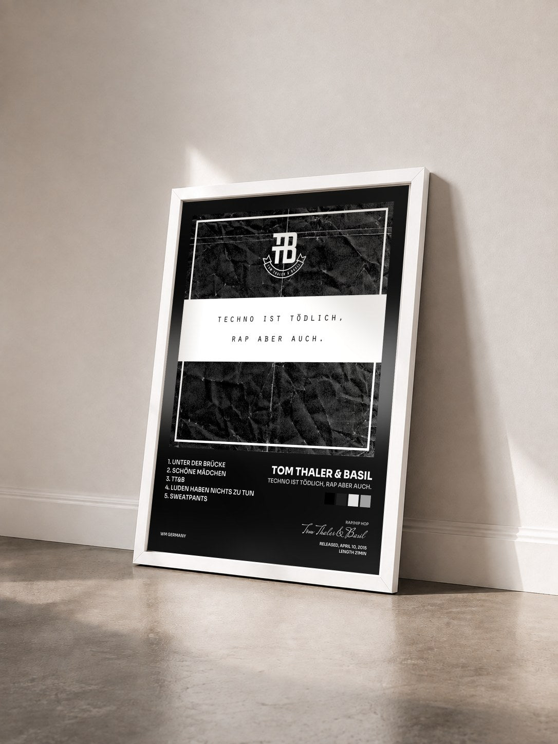 #blanc Tableau de l'album Techno ist tödlich, Rap aber auch. de Tom Thaler & Basil vu de trois quarts, cadre blanc