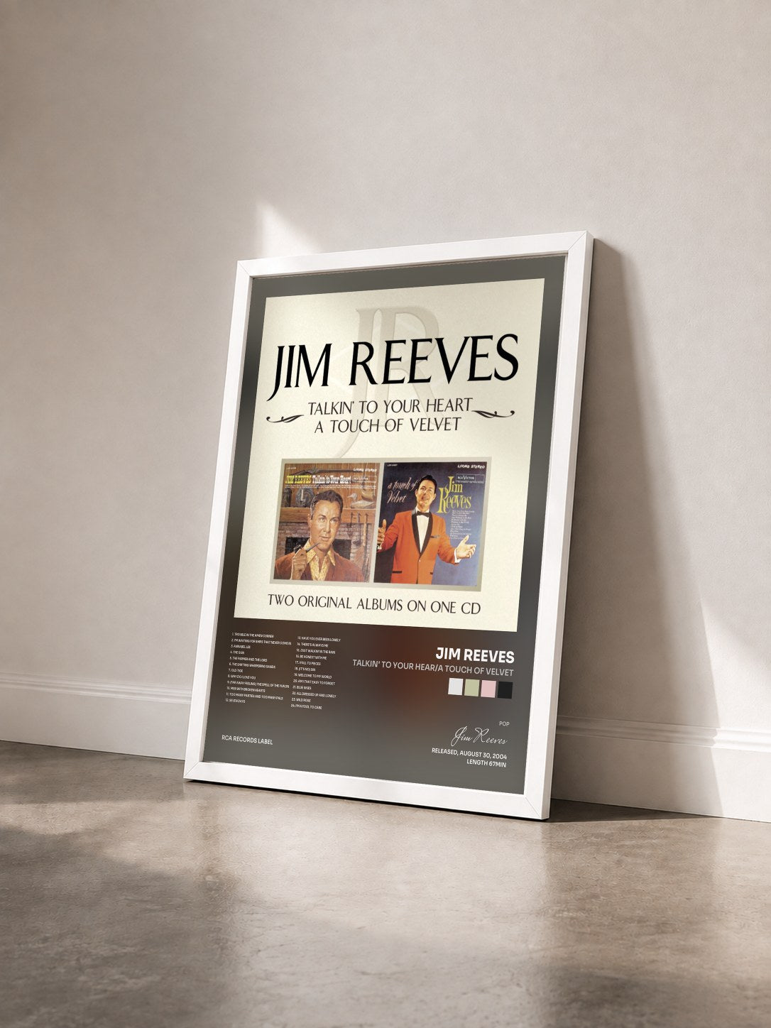 #blanc Tableau de l'album Talkin' To Your Hear/A Touch of Velvet de Jim Reeves vu de trois quarts, cadre blanc
