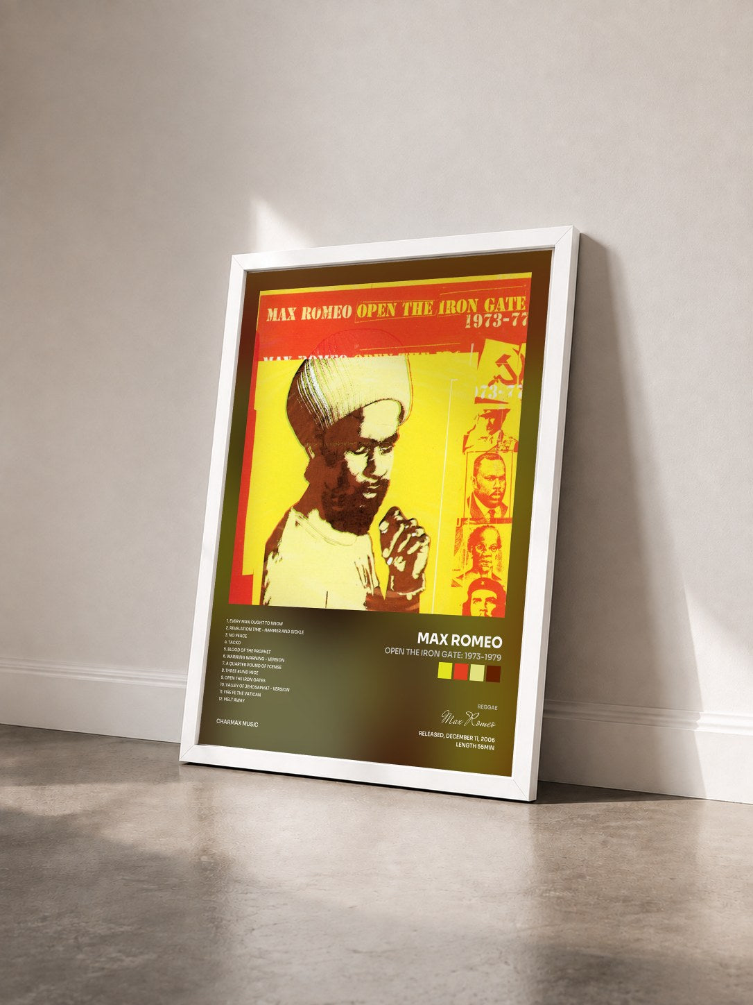 #blanc Tableau de l'album Open the Iron Gate: 1973-1979 de Max Romeo vu de trois quarts, cadre blanc
