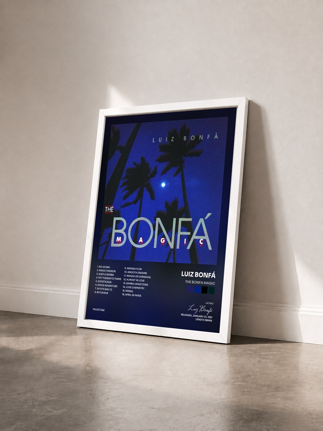 #blanc Tableau de l'album The Bonfa Magic de Luiz Bonfá vu de trois quarts, cadre blanc