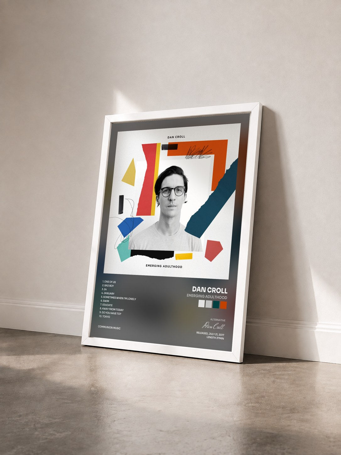 #blanc Tableau de l'album Emerging Adulthood de Dan Croll vu de trois quarts, cadre blanc