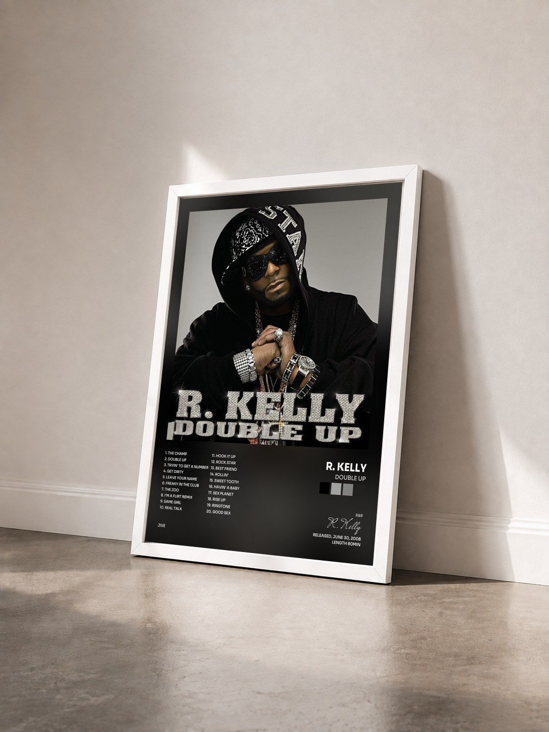 #blanc Tableau de l'album Double Up de R. Kelly vu de trois quarts, cadre blanc