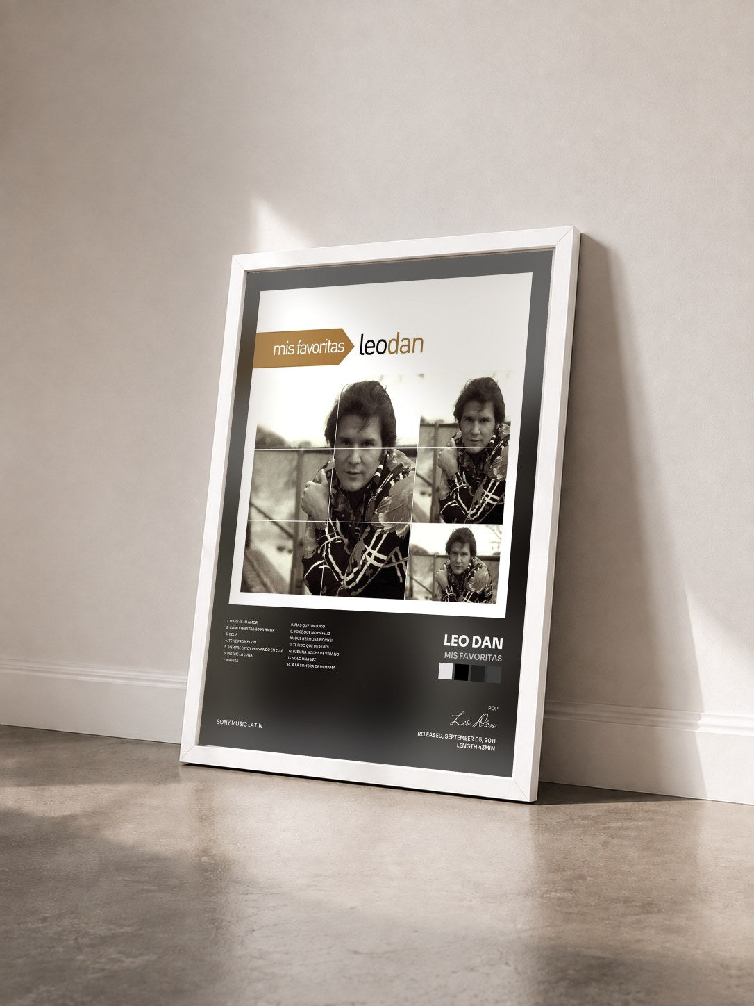 #blanc Tableau de l'album Mis Favoritas de Leo Dan vu de trois quarts, cadre blanc