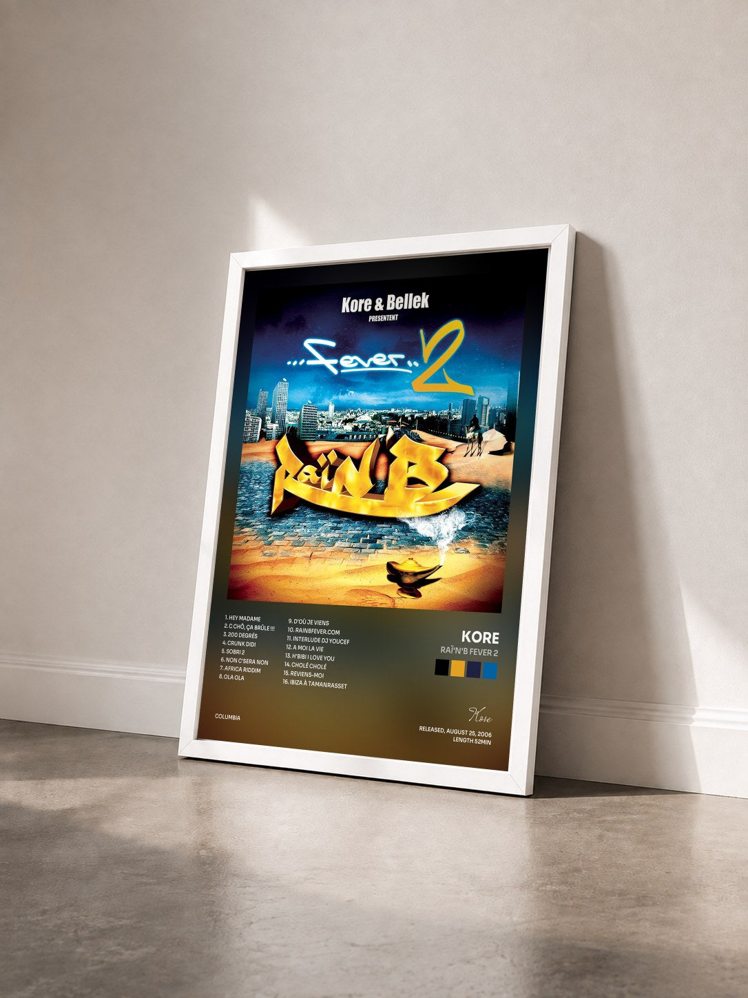 #blanc Tableau de l'album Raï'n'B Fever 2 de Kore vu de trois quarts, cadre blanc