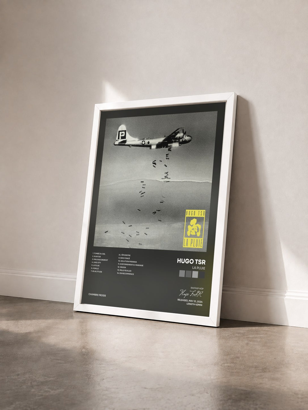 #blanc Tableau de l'album La Pluie de Hugo TSR vu de trois quarts, cadre blanc