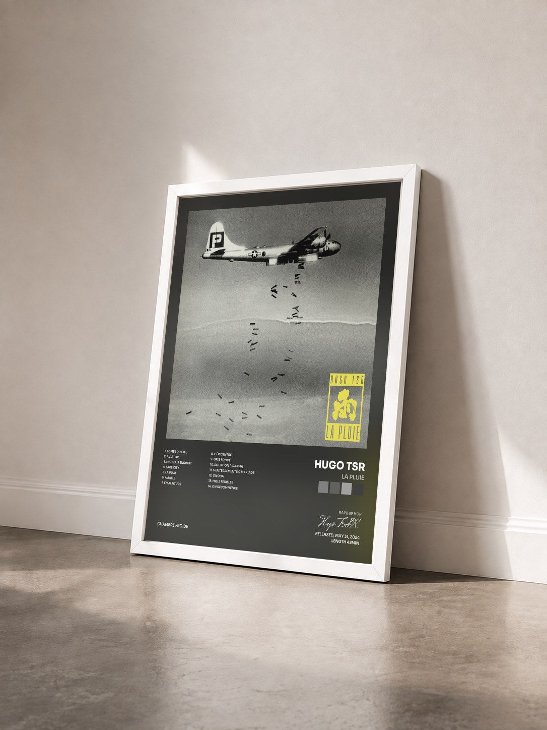 #blanc Tableau de l'album La Pluie de Hugo TSR vu de trois quarts, cadre blanc