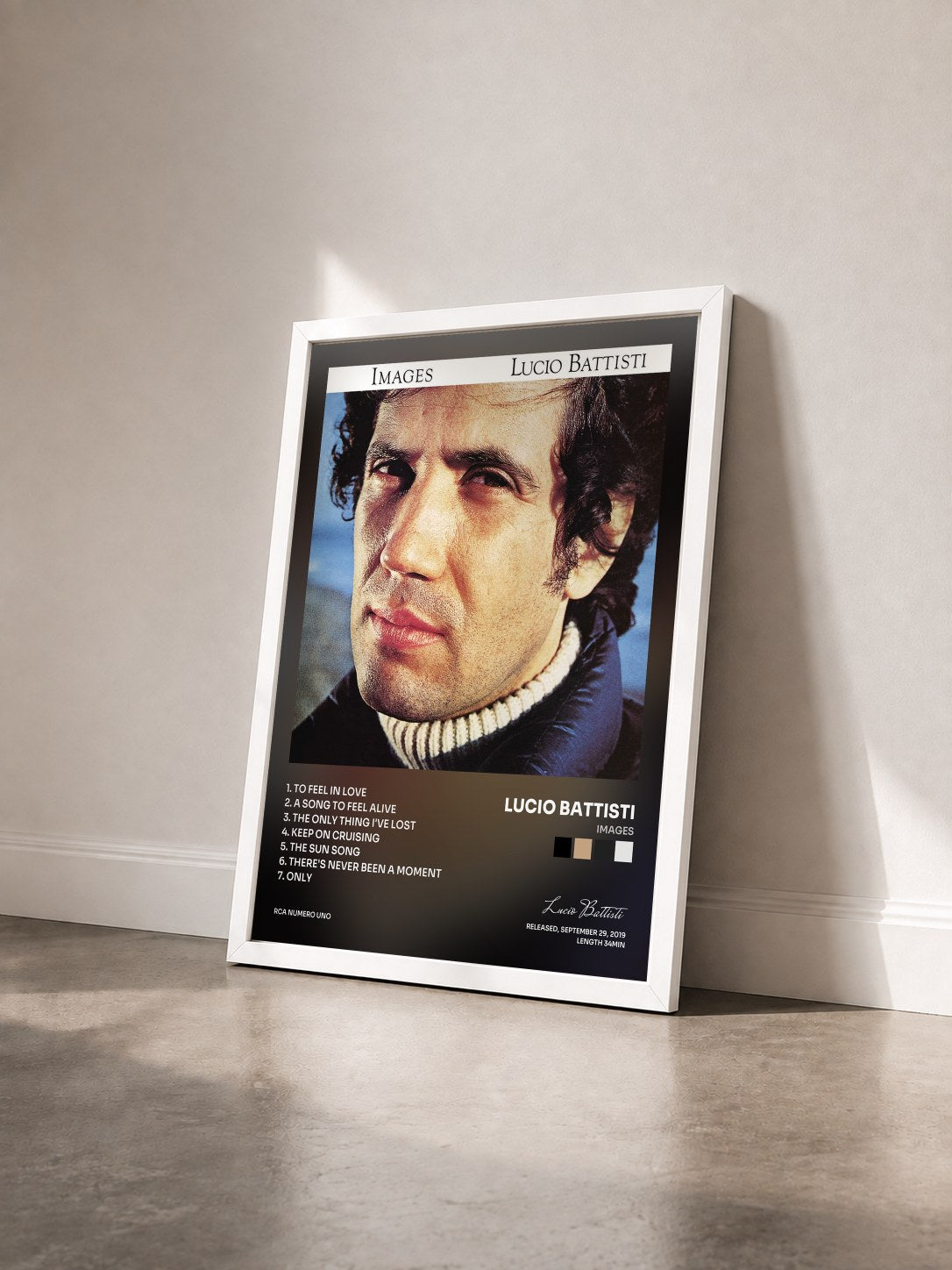 #blanc Tableau de l'album Images de Lucio Battisti vu de trois quarts, cadre blanc