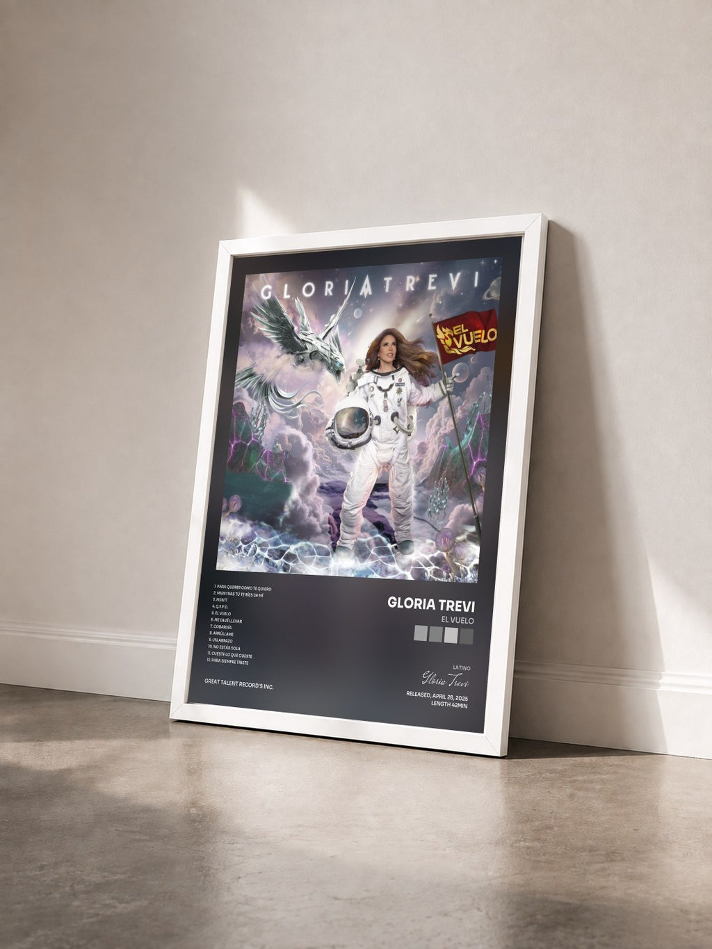 #blanc Tableau de l'album EL VUELO de Gloria Trevi vu de trois quarts, cadre blanc