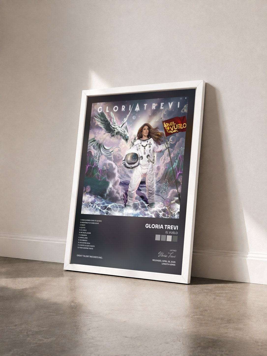 #blanc Tableau de l'album EL VUELO de Gloria Trevi vu de trois quarts, cadre blanc