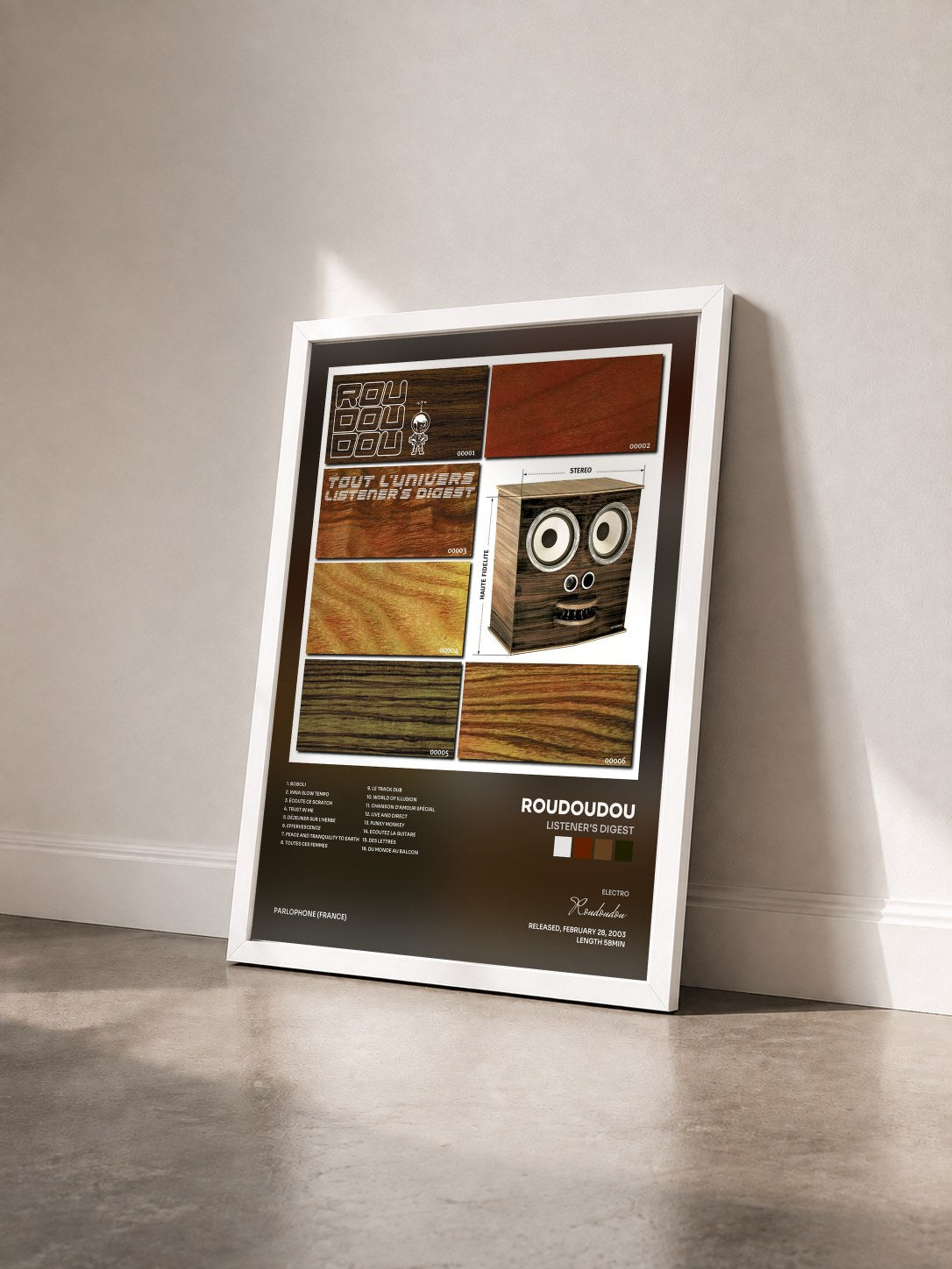 #blanc Tableau de l'album Listener's Digest de Roudoudou vu de trois quarts, cadre blanc