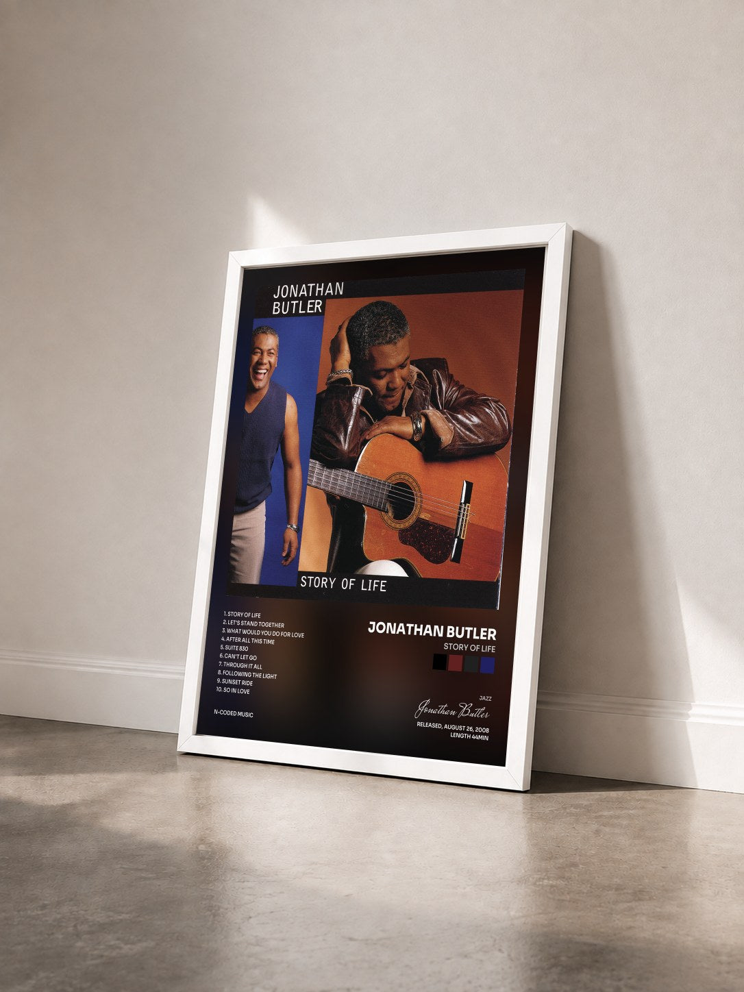 #blanc Tableau de l'album Story of Life de Jonathan Butler vu de trois quarts, cadre blanc