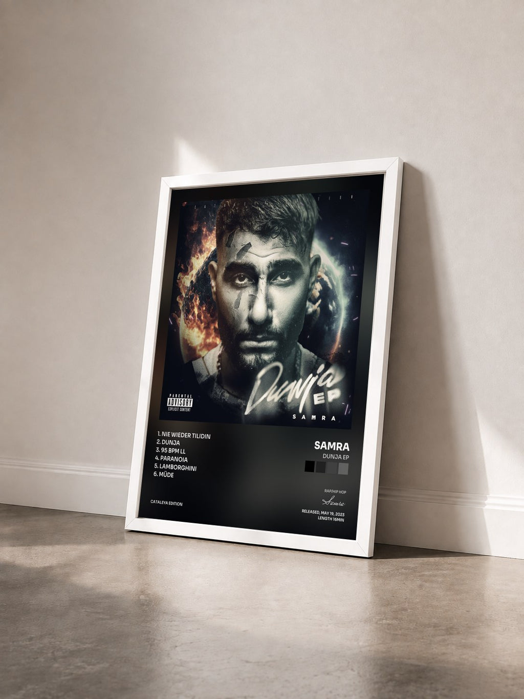 #blanc DUNJA EP by Samra as a framed art print seen at an angle, white frame
