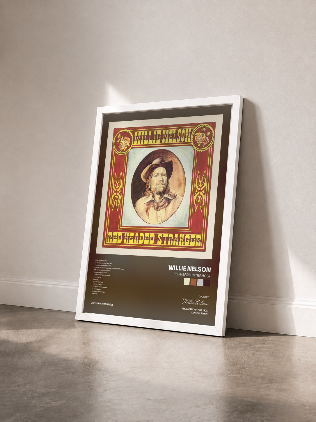#blanc Tableau de l'album Red Headed Stranger de Willie Nelson vu de trois quarts, cadre blanc